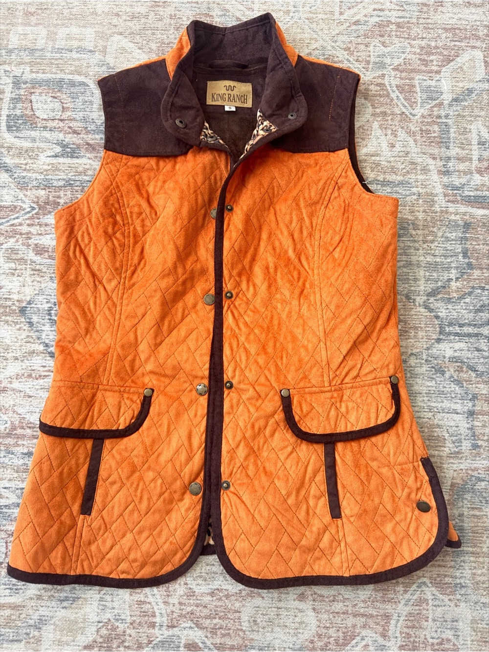 King Ranch Quilted Orange Women's Vest with Brown Trim